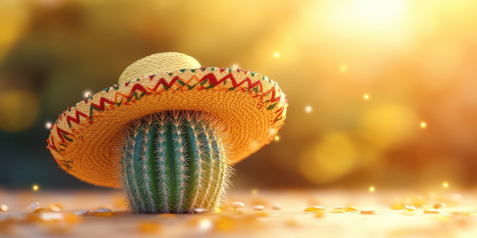Cactus wearing a sombrero basking in warm sunlight during a vibrant outdoor setting